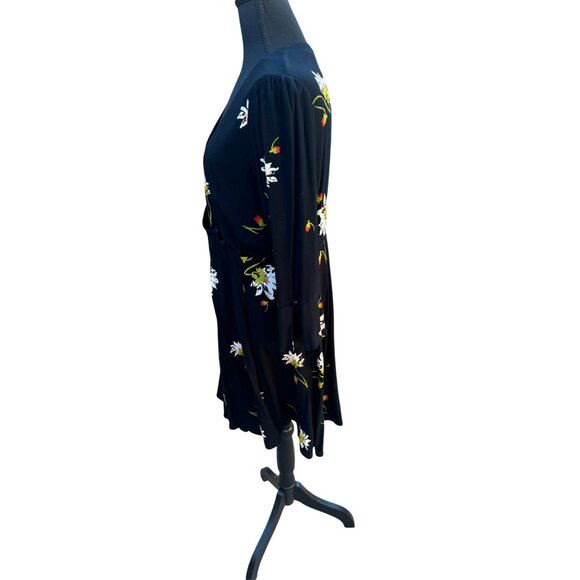 Free People Black Floral V-Neck Dress Bell Sleeves Boho Cottage Core Feminine - Picture 5 of 13